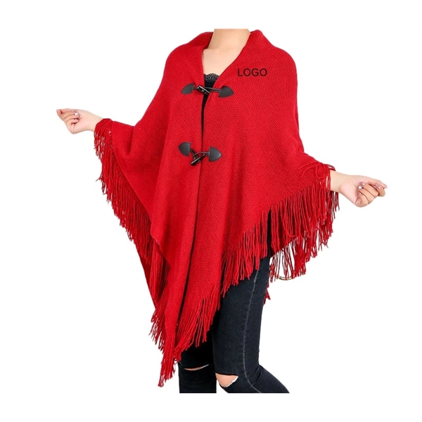 Women Elegant Tassel Poncho Cape Shawls with Buttons