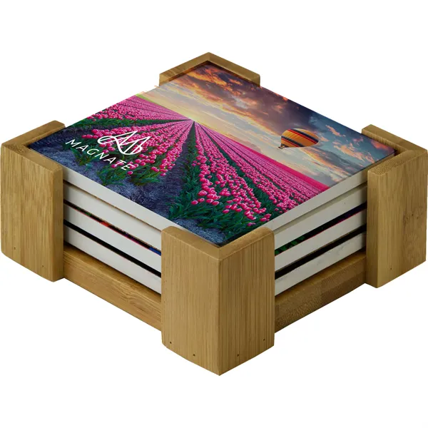 4 Pc Set with Wood Stand Square Ceramic Coaster