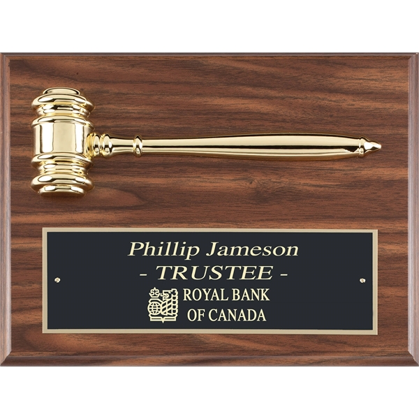 Walnut Finish Gavel Plaque with Brass Plate and Gavel