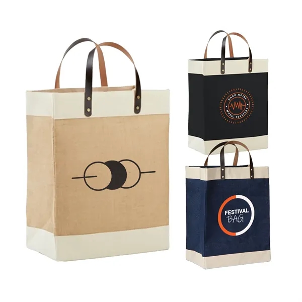 Laminated Jute Tote Bag with Cotton Accents and Leather Hand