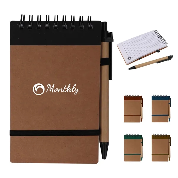 5.5" Kraft Paper Mini Pocket Spiral Notebook W/ Pen
