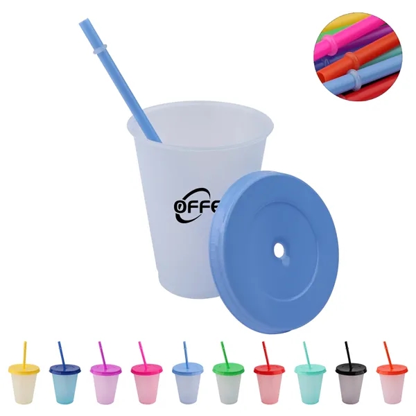 16oz Plastic Color Changing Cups w/ Lids & Straws
