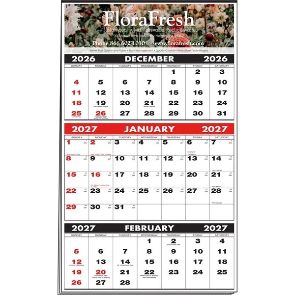 3-Months-In-View Mini Multi-Sheets Calendar - Tinned