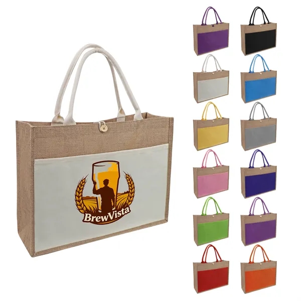 Large Two Tone Jute Shopping Tote Bag W/ Front Pocket