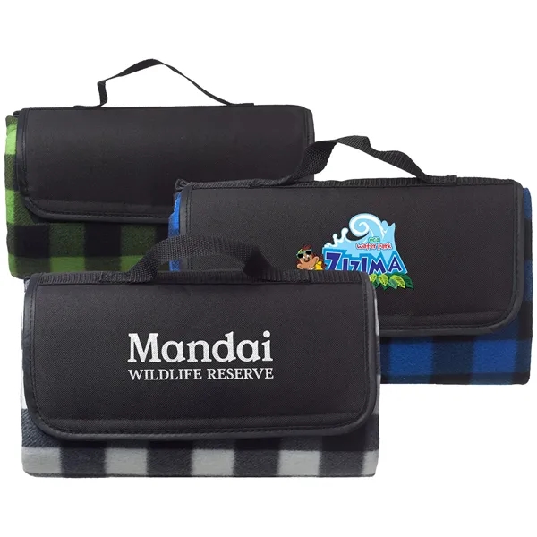 Picnic Blanket w/ Grid Pattern Design & Woven Handle Roll Up