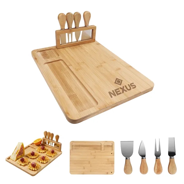 5 Piece Magnetic Bamboo Cheese Board Set With Knife Holder