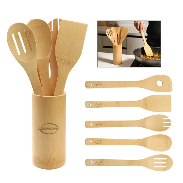 5 Piece Bamboo Kitchen Utensil Set With Holder