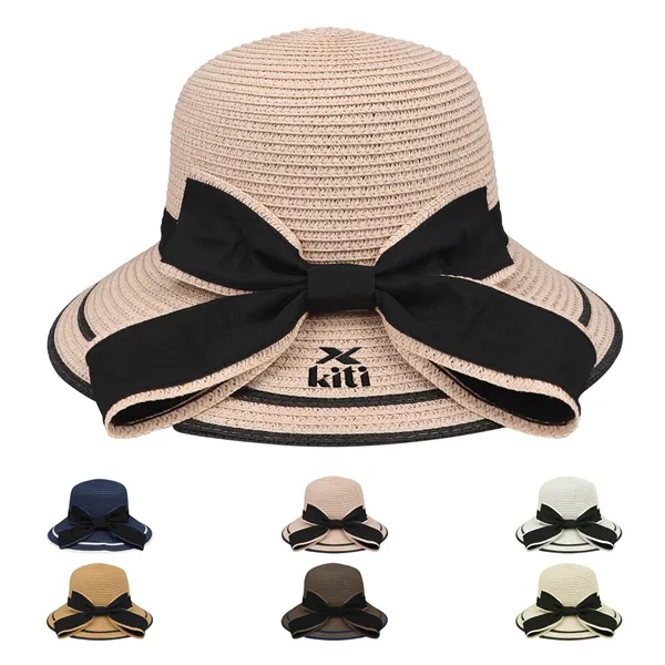 Wide Brim Bow Straw Beach Hat W/ Chin Strap