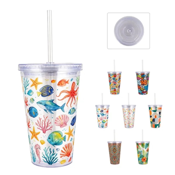 16Oz Full Color Double Wall Clear Tumbler W/ Lid & Straw
