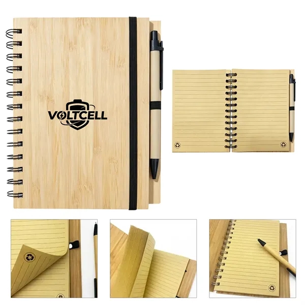 Bamboo Cover Spiral Notebook Journal W/ Pen 5"x7"