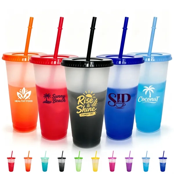 24Oz BPA Free Color Changing Stadium Cup W/ Lid & Straw