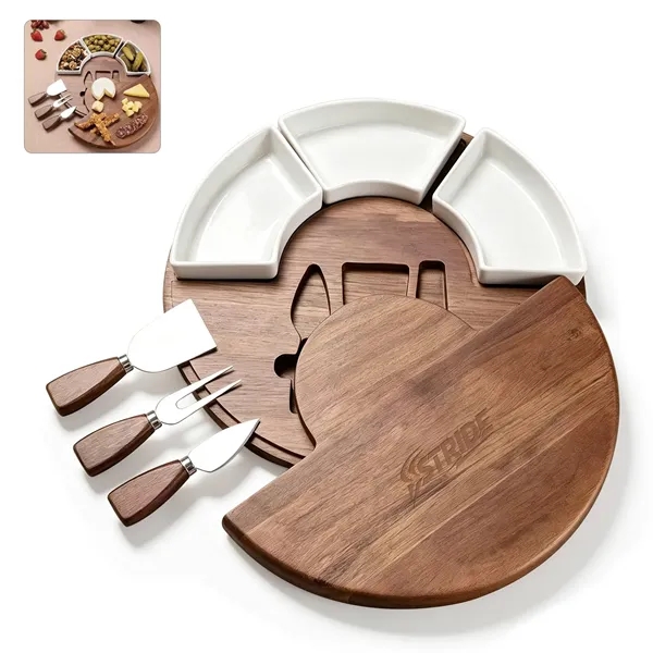 Round Acacia Cheese Board Charcuterie Set W/ Tools & Bowls
