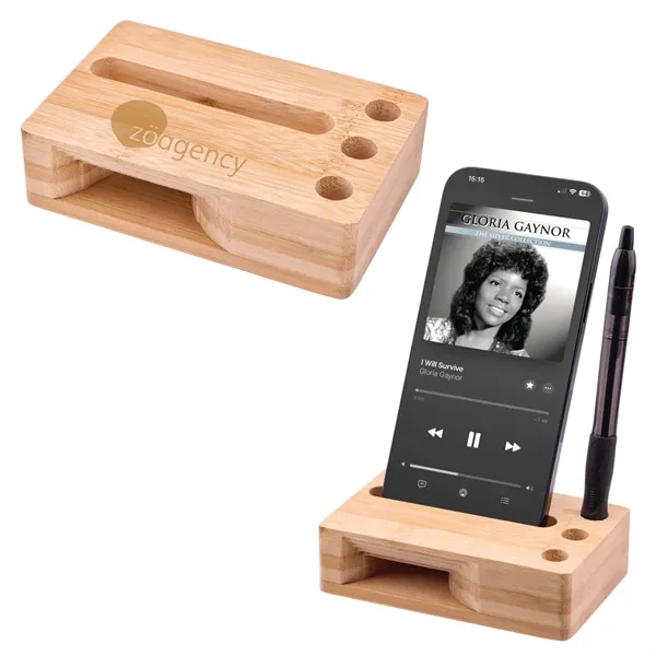 Bamboo Megaphone Phone Holder Stand with Pen Slots
