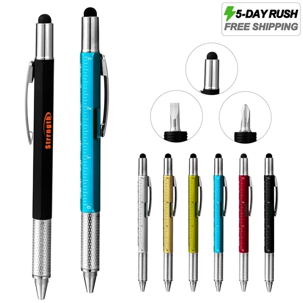 5 Day Rush 6 In 1 Plastic Multi Tool Pen W/Stylus Tip&Ruler