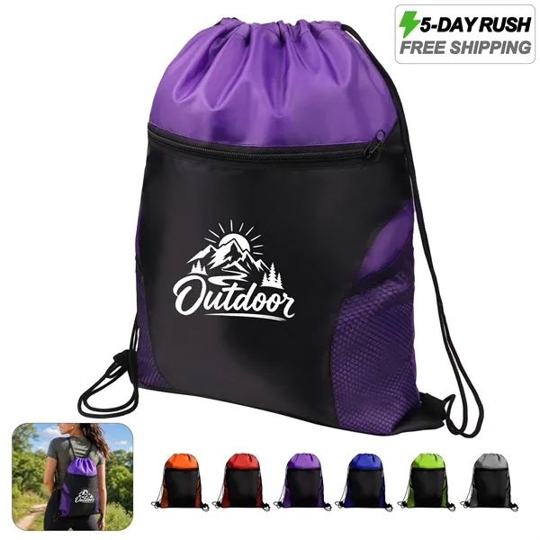5 Day Rush Drawstring Backpack W/ Mesh Pockets & Earbud Port
