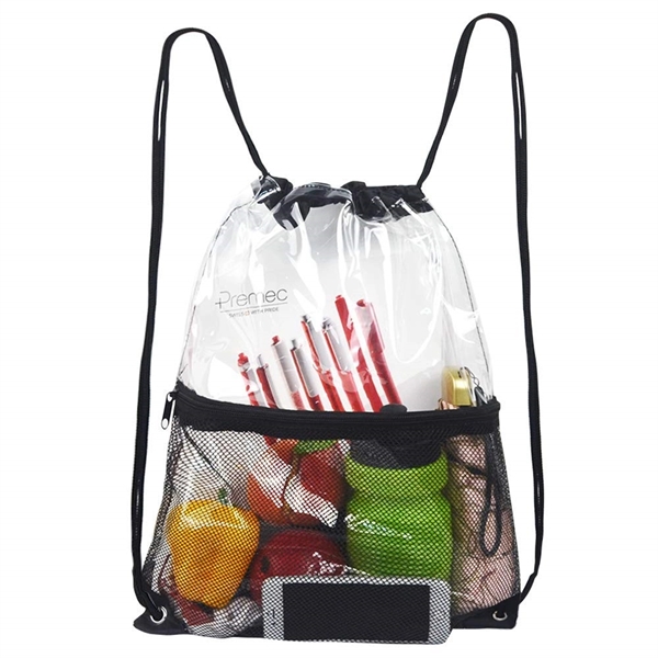 Clear PVC Drawstring Backpack with Front Zipper Mesh Pocket