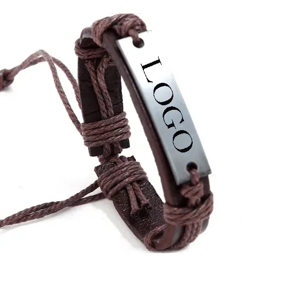 Leather Bracelet with Engraved Metal Plate