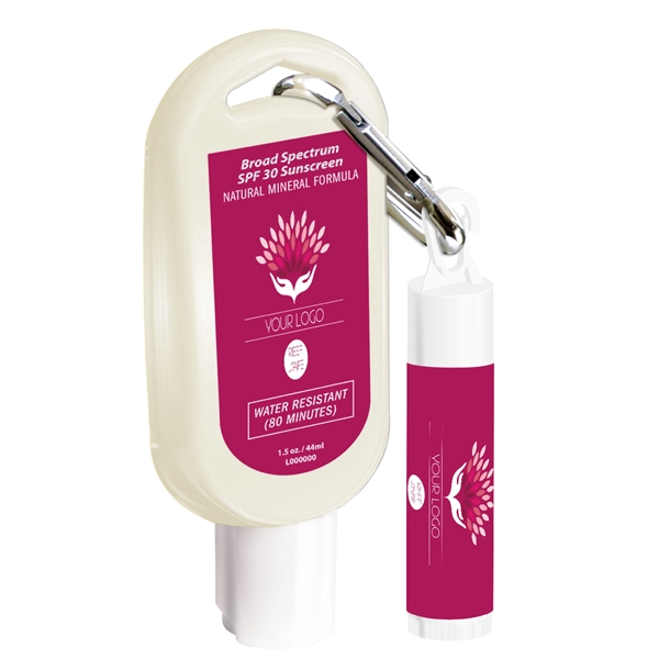 small bottle of sunscreen with branded label that uses carabiner to attach to lip balm with branded label - Mineral Sunscreen Combo