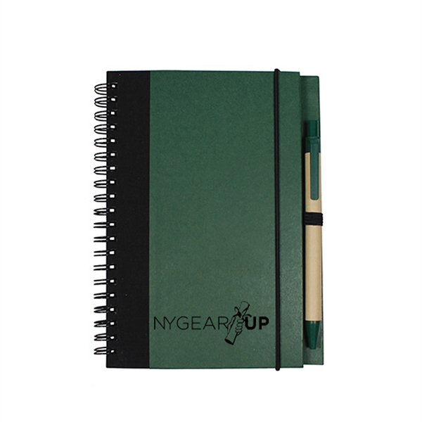 forest green spiral notebook with black brand name and recycled natural-colored pen - eco-friendly notebook with pen