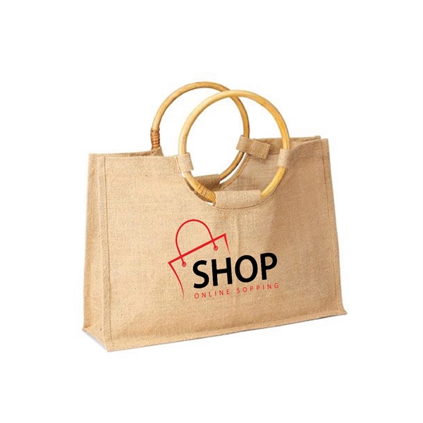 Jute Shopping tote with Round Cane handle.