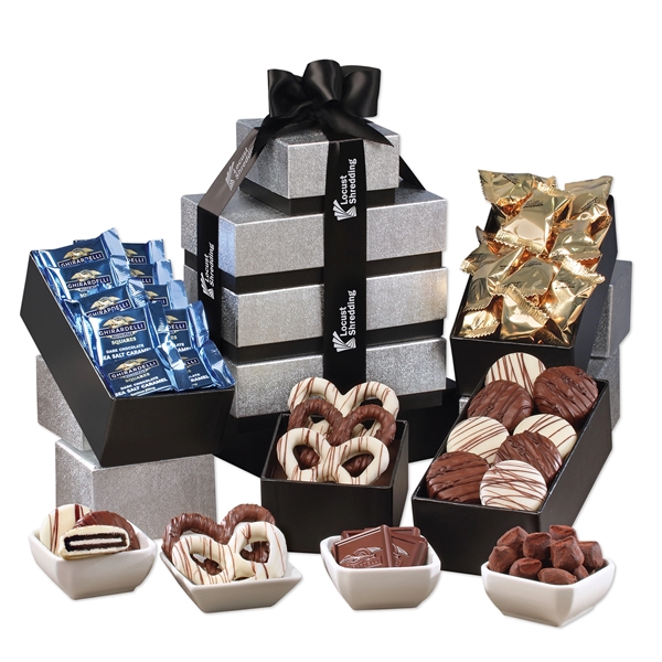 individually-wrapped chocolates, cookies, and pretzels in custom boxes
