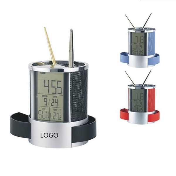 Multi function plastic calendar clock pen holder