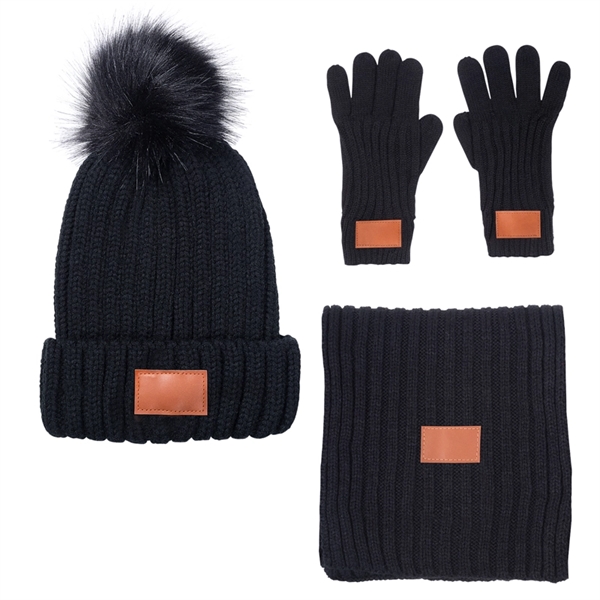 Leeman Three-Piece Rib Knit Fur Pom Winter Set