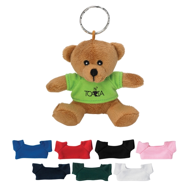 mini bear key chain with multiple colored branded t-shirts