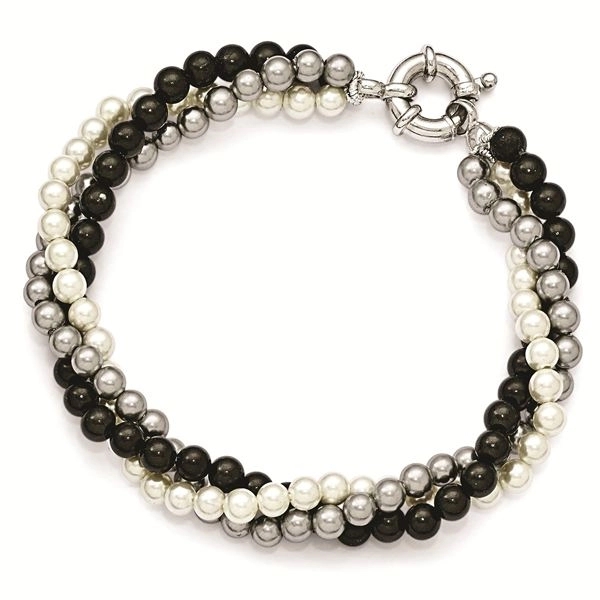Sterling Silver 4-5mm White/Grey/Black Shell Bead Bracelet