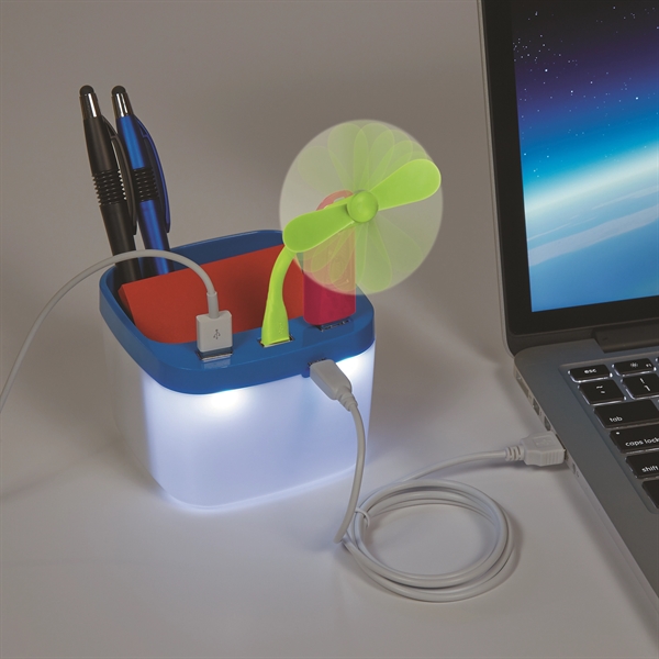 glowing USB Desk Caddy with charging outlets, fans, and pens