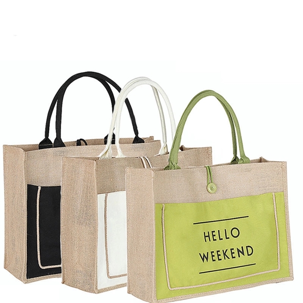 Heavy Duty Reusable Jute Burlap Tote Bag with Front Pocket
