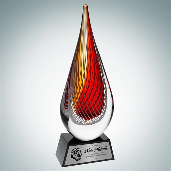 Art Glass Red Orange Narrow Teardrop Award - Silver Plate
