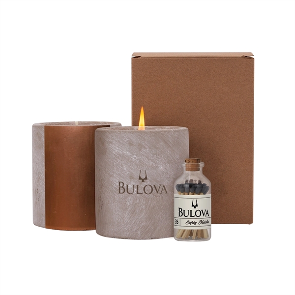 Glimmer Gift Set with concrete and copper logo engraved candles and matches bottle