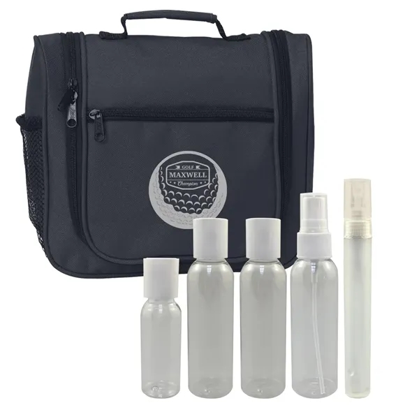 small back toiletry bag with gray circular logo on front and including five transparent gray liquid bottles of various sizes - deluxe travel kit