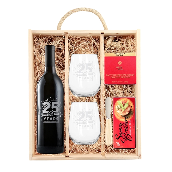 Rustic Engraved Wood Box w/Etched Wine, Glasses, Snacks