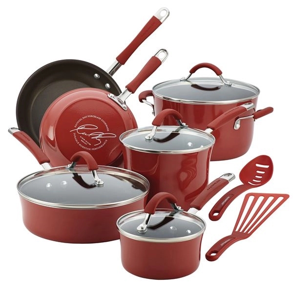 Cucina 12pc Porcelain Cookware Set, Cranberry Red