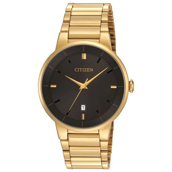 Mens Quartz Gold-Tone Watch, Black Dial