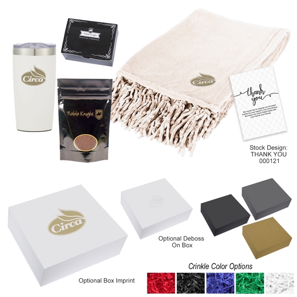 cozy comfort coffee kit including tumbler, bag of beans, thank you card, blanket, and box packaging with crinkle cut paper