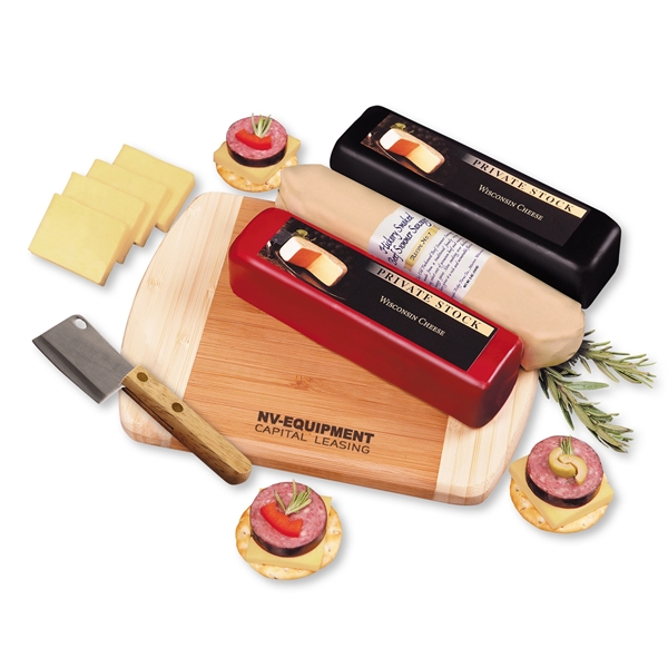 shelf-stable wisconsin flavors cheese gift set including cheeses, sausage, crackers, cleaver, and branded chopping board