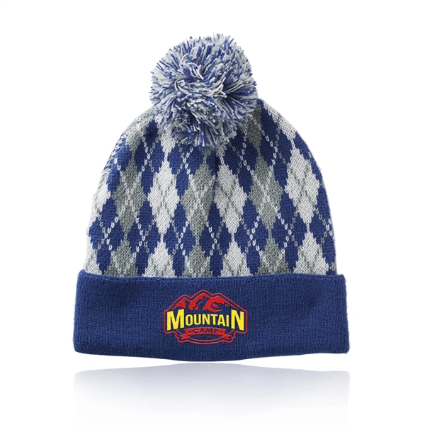Diamond Pattern Knitted Pompom Beanie