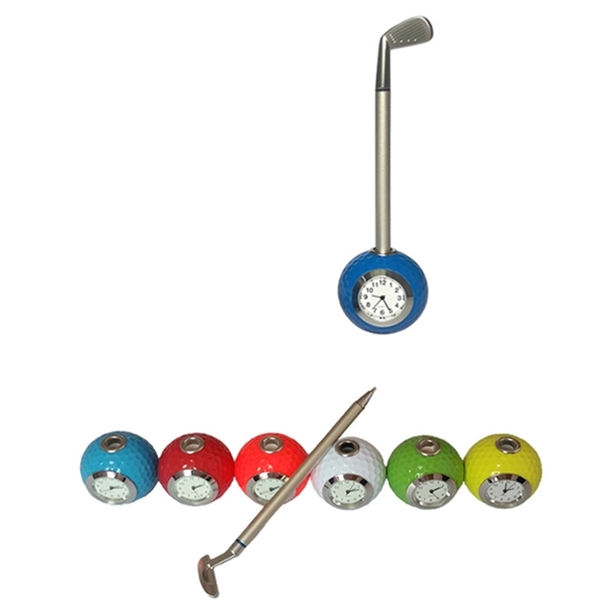 Golf Ball Pen Holder with Clock Desk Ballpoint Set