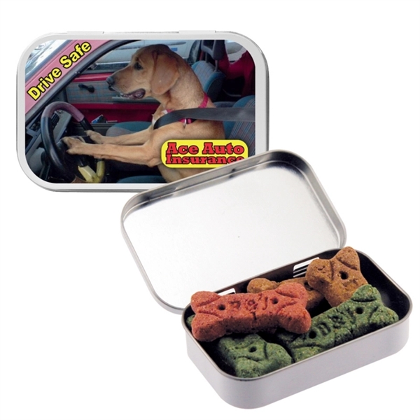 colored dog bones in large branded tin with image on front