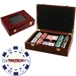 200 poker chips set in a Glossy wood case