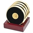 Leather and Brass 4 Coaster Set with Rosewood Finish Stand