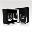 Stemless White Wine Glass Set - 17 oz Sand Etched w/ Giftbox