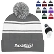 Striped Pom-Pom Knit Beanie with Fold-Up Cuff