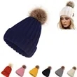 Womens Winter Knitted Beanie Hat with Faux Fur Pom