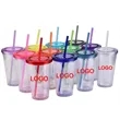 16OZ Custom Plastic Double Wall Tumbler Cup w/Straw and Lid