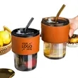 14oz Bamboo Glass Tumbler with Lid Straw and Leather Sleeve