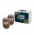 Retro Lunchbox + Double 10oz Stemless Wood Tone Wine Glass